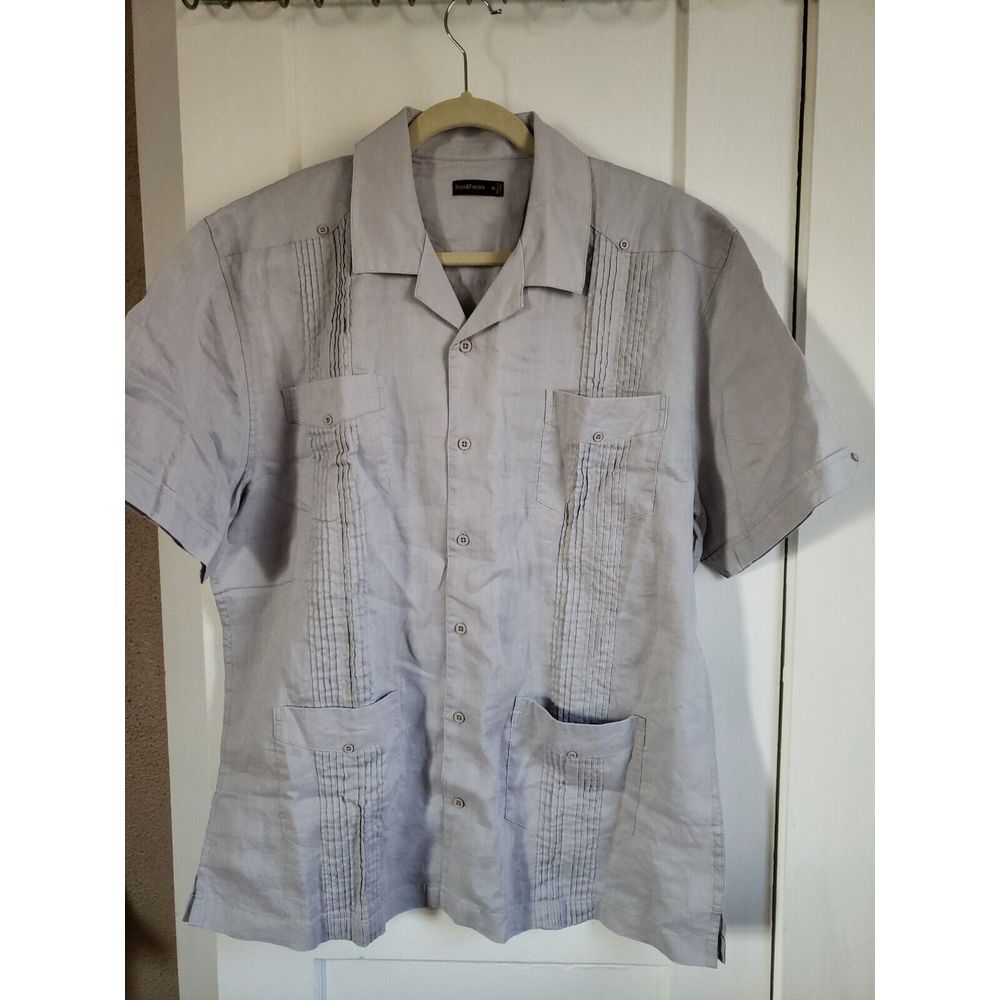 Ross&Freckle XL Short Sleeve Camp Pockets Solid Gray Mens Shirts‎ 100% Ramie